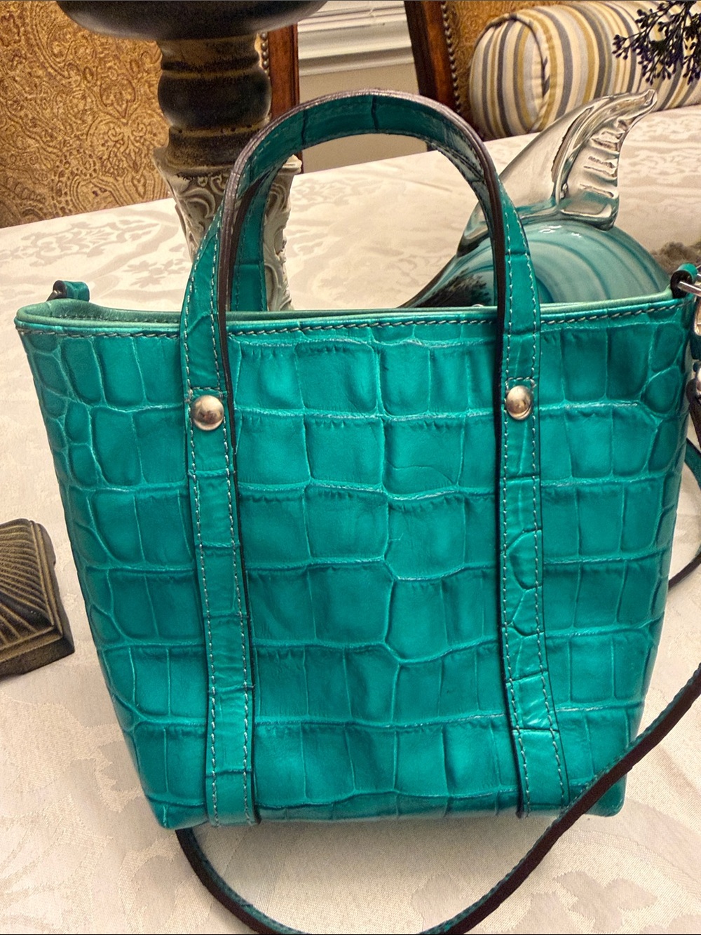 Teal Croc-Embossed Italian Leather Mini Tote with Crossbody Strap - Picture 3 of 7